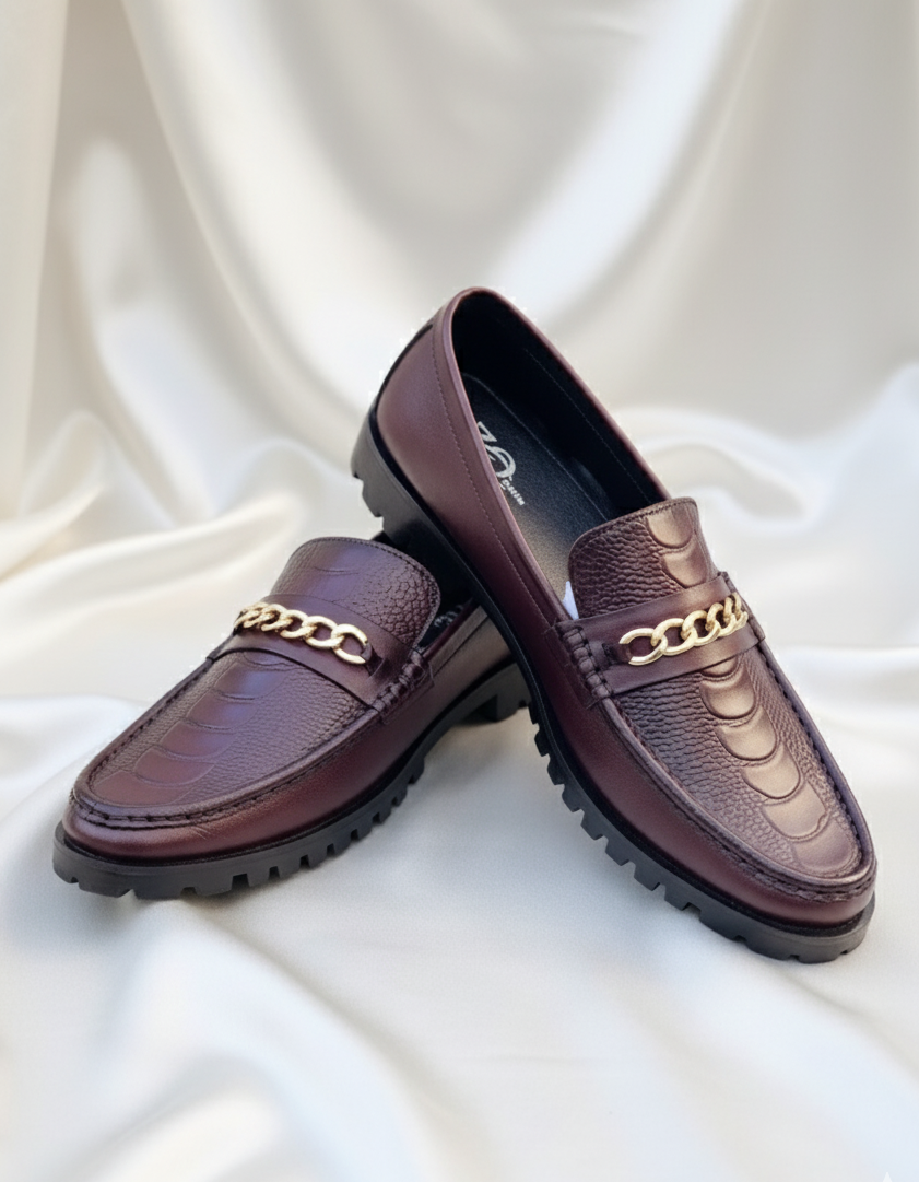 Luxury Handmade Loafers with Golden Chain – Maroon 100% Original Premium Quality