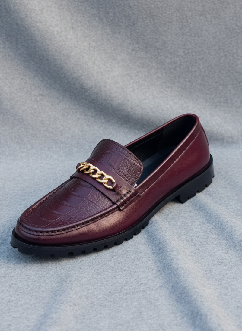 Luxury Handmade Loafers with Golden Chain – Maroon 100% Original Premium Quality